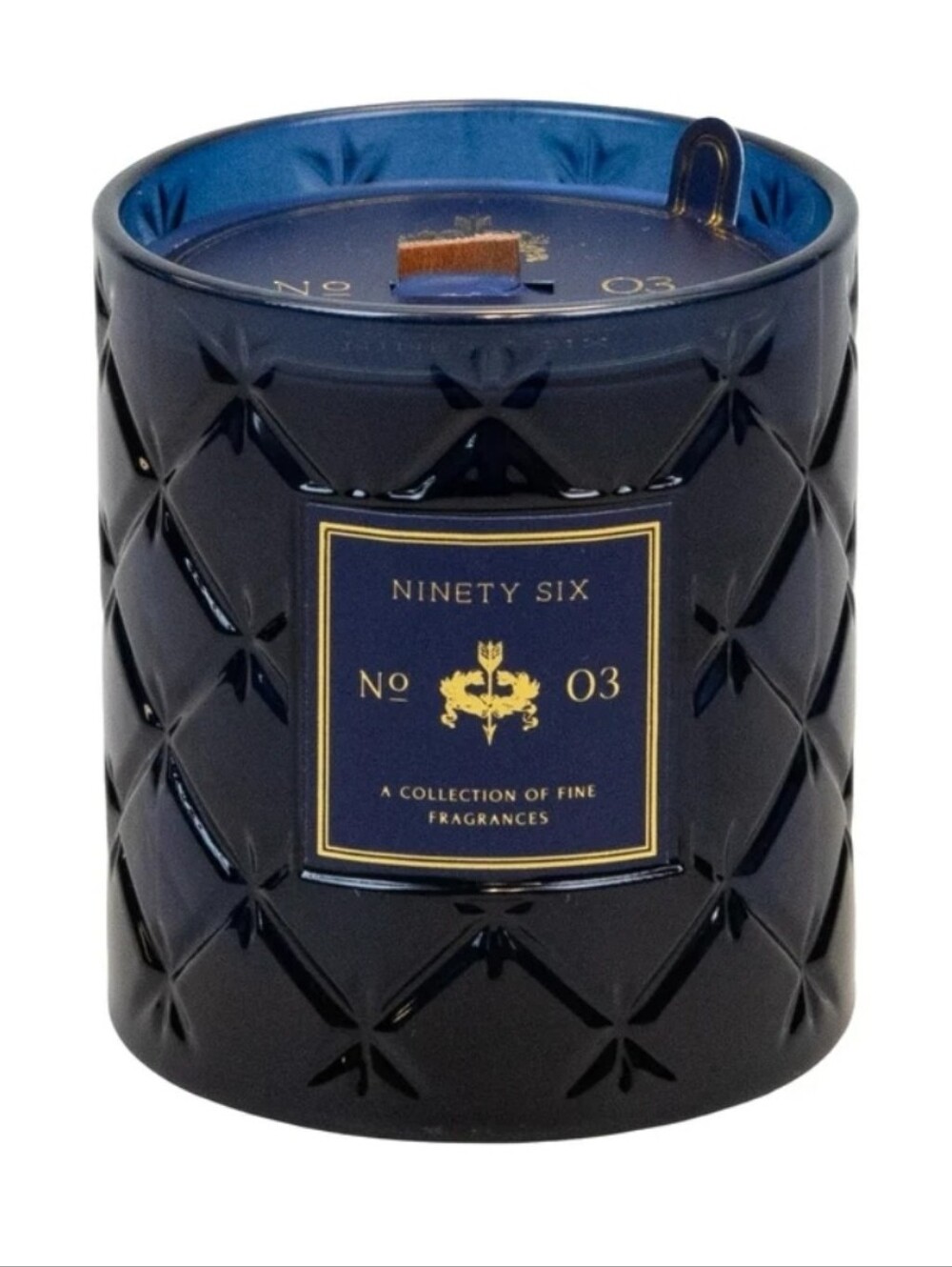 Ninety Six No. 03 Deep Blue Glass Scented Candle Wooden Wick 16.6 oz NWOT